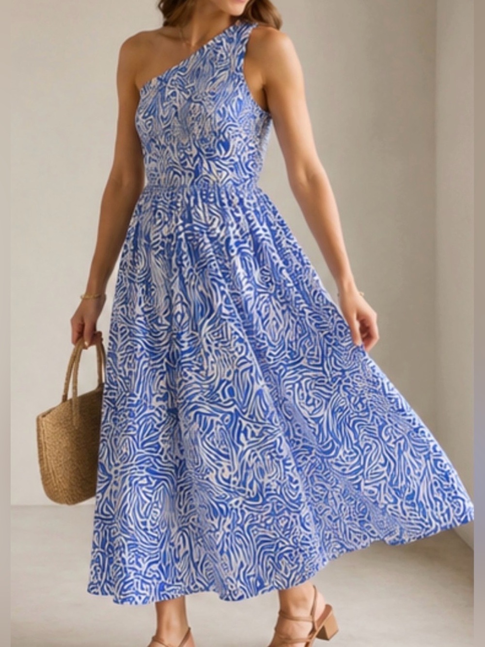 New Aakaa Blue & White One Shoulder Smocked Maxi Dress Size Small